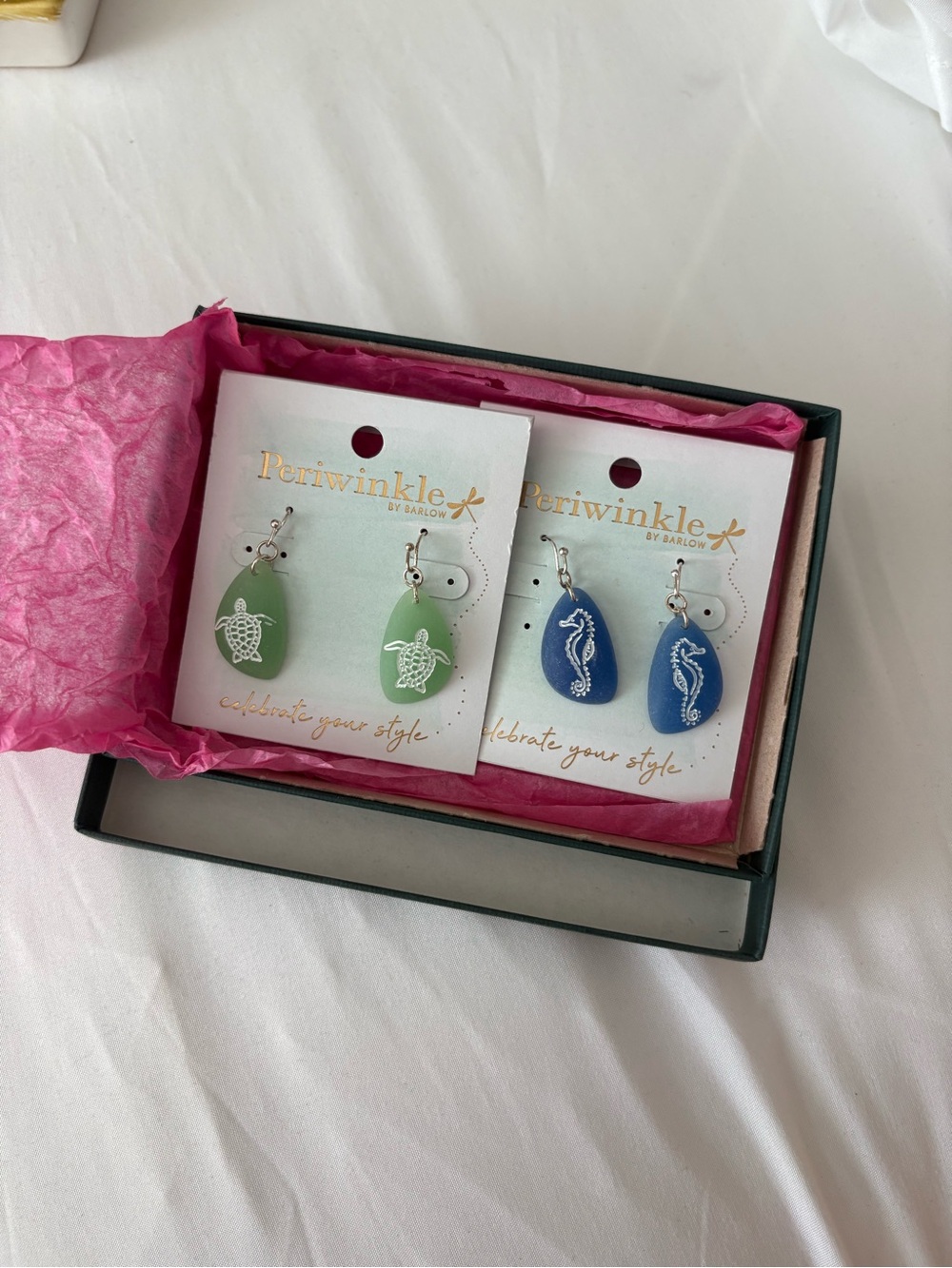 Sea Glass Earrings | Set of 2 | Tortoise / Seahorse | Blue Green